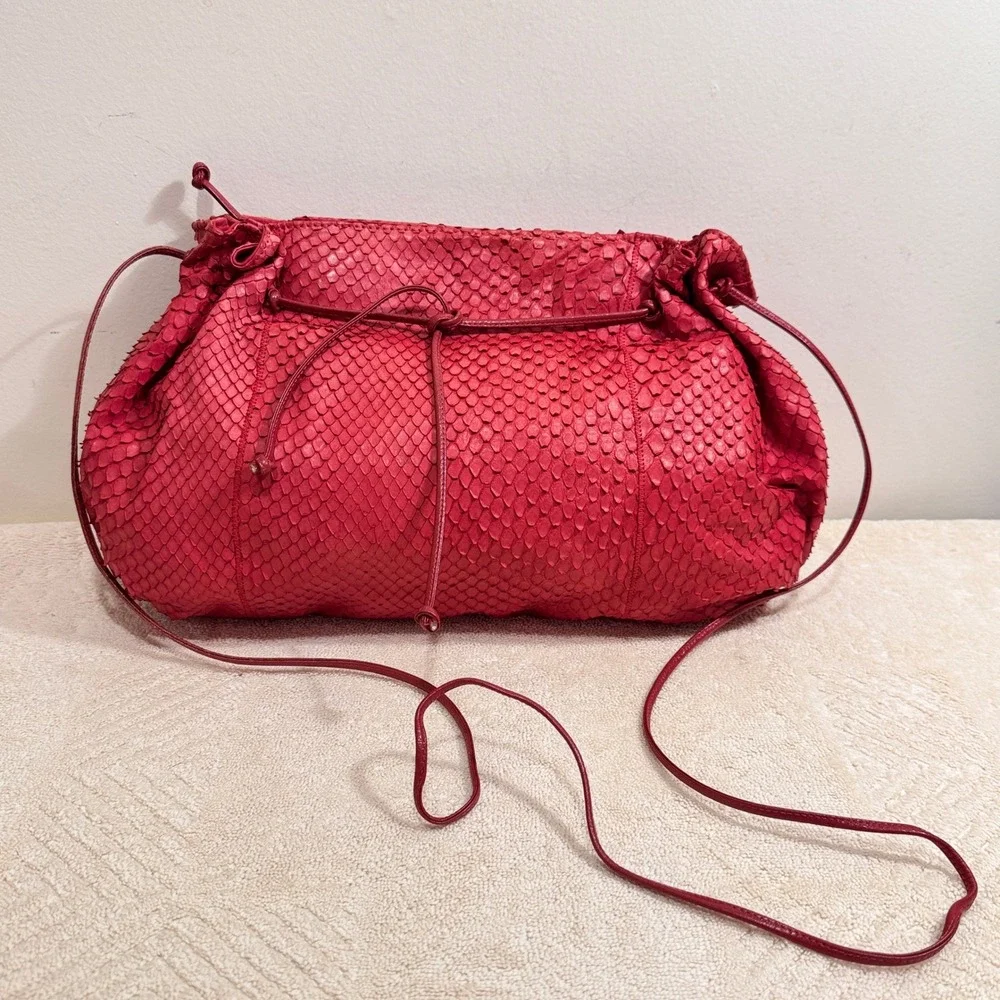 Carlos Falchi Women's Red Python Snakeskin Drawstring Shoulder Crossbody Bag
